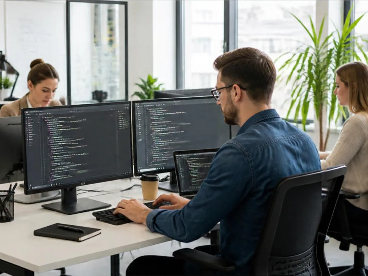Person coding an AI solution in an office